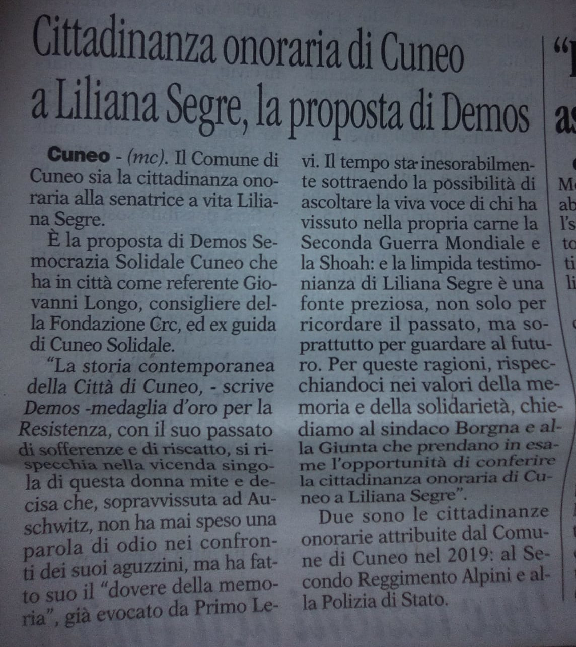 cuneo cittadinanza onorario liliana segre